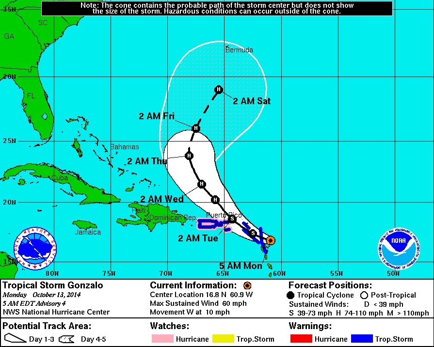 A graphic showing an example of a hurricane cone. 