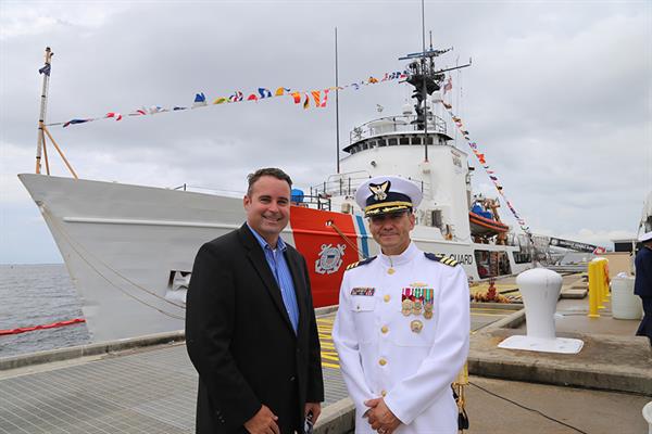 USCG Decisive 2 Commissioner Doug Underhill attended the change of command ceremony Monday, June 11 for the U.S. Coast Guard Cutter Decisive, which relocated to NAS Pensacola with its 78-member crew.